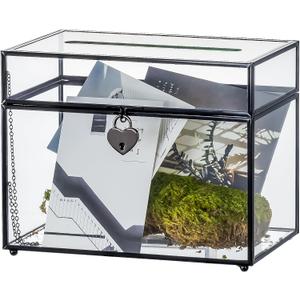 NCYP Small Wedding Card Box with Slot and Lock - 9.8 x 5.6 x 7.7 Inches Black Geometric Card Holder, Birthday Party Tabletop Decoration - Slot Length 7.1'' (Glass Box Only)