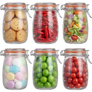 6Pcs 32oz Airtight Glass Jar, Wide Mouth Mason Jars with Clamp Lids, Stripe | Food Storage Containers for Home, Kitchen, Camping, Picnic