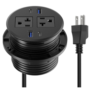 CCCEI 3.15 inch Power Grommet with USB Ports, Office Desk Hole Round Recessed Outlets, Flush Mount, Furniture Hidden High Amp Plug Station, Black, 6FT Extension Cord.