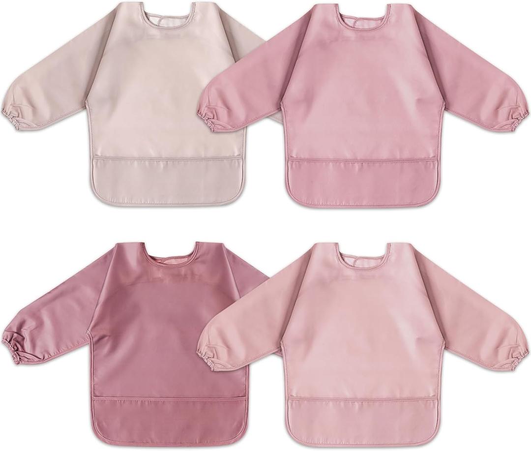 4 Pack Long Sleeve Bib, Reusable Bib with Catch-all Pocket (Pink)