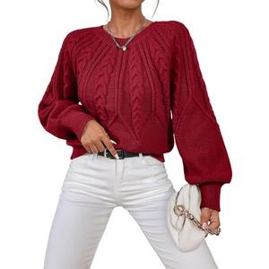 Dokotoo Purple Sweaters for Women Puff Long Sleeve Shirts Soft Chunky Cable Knit Sweater Warm Winter Tops Crewneck Winter Outifits Loose Oversized Jumper Tops, Large