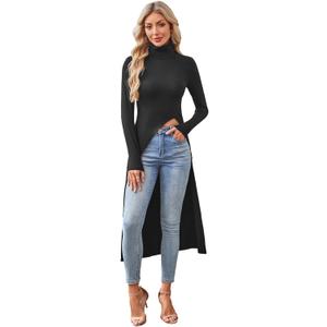 WDIRARA Women's Front Split Long Sleeve Shirt Dress High Neck Long Asymmetrical Hem Slim Fit Blouse Top (Medium, Black)