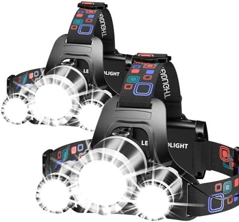 WdtPro Headlamp Rechargeable, 2 Pack 3000LM Bright Headlight, Lightweight Flashlight with 3 Powered LED, Waterproof 90°Adjustable 4 Modes & Tail Lights Head Lamp for Camping Outdoor Running