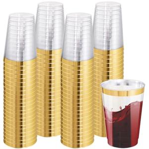 I00000 87 Pack 12 oz Gold Plastic Cups, Gold Rimmed Disposable Cups, Disposable Wine Glasses Cocktail Glasses Premium Cup with Golden Rim, 12 Ounce Plastic Tumblers for Party & Wedding