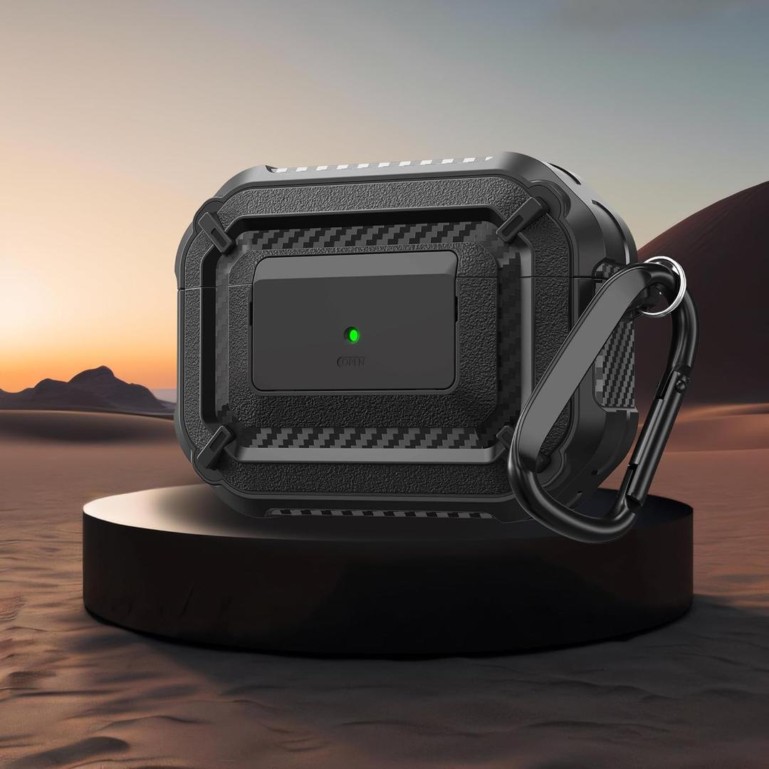 for Airpods Pro Case Cover with Lock, Military Armor Series Full-Body Skin for AirPod Pro Case with Keychain Cool Air Pod Pro Shockproof Protective Case for AirPods Pro 2019(Black)