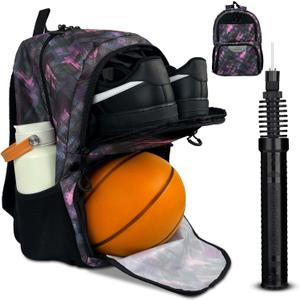 Soccer & Basketball Sports Bag with Ball Pump - Basketball Backpack with Separate Ball & Shoes Holder Compartment, Soccer Basketball Football & Volleyball Bag with Large Capacity (Pink)