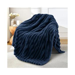 Exclusivo Mezcla Fleece Throw Blanket for Couch, Super Soft Striped Jacquard Bed Blanket, Lightweight Fuzzy Cozy for All Seasons, 50x60 Inches, Navy Blue