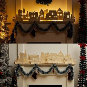 Large Wood Christmas Village Houses Set Light up Village with Light DIY Christmas Ornament Kits for Farmhouse Home Fireplace Tabletop, No Batteries (Wood Color, Classic Style)
