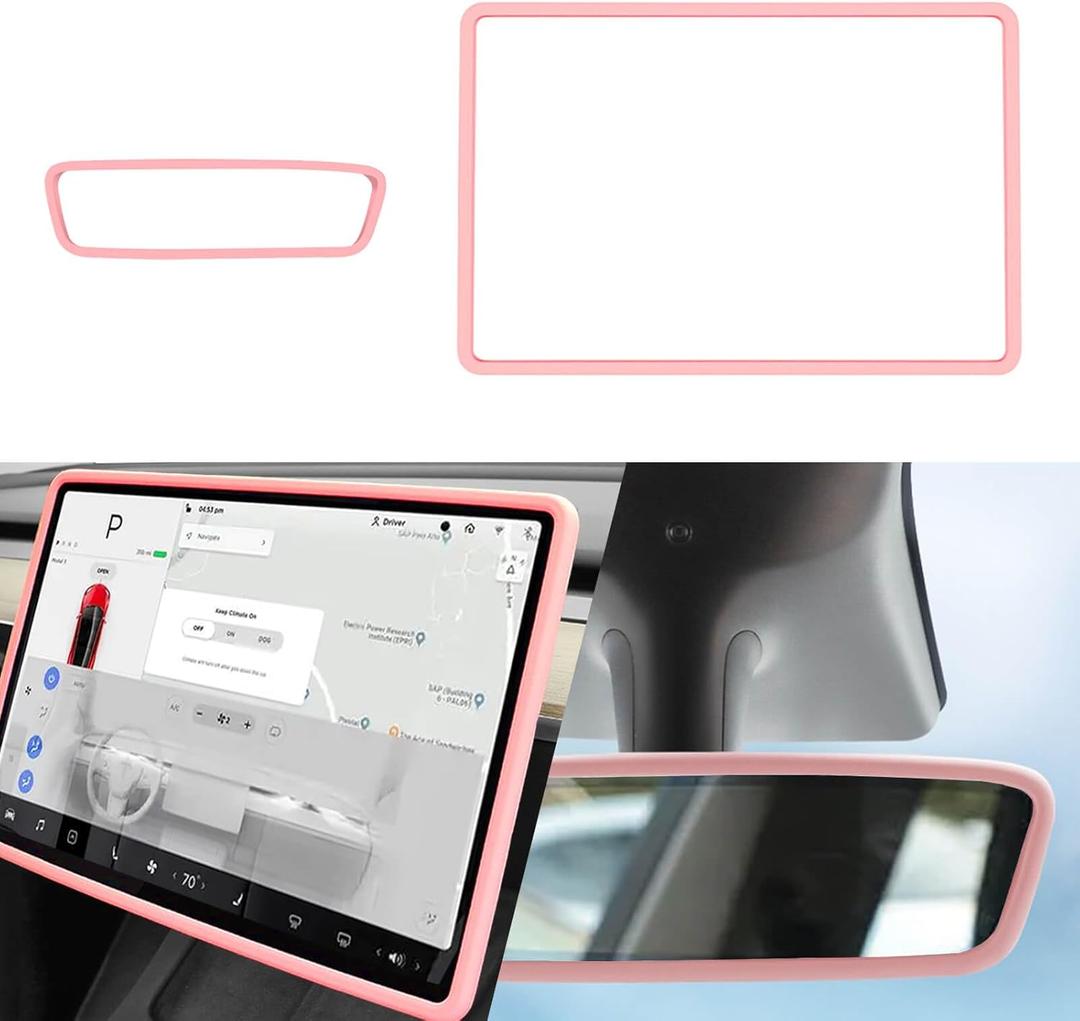 2Pcs Silicone Protector Frames of Screen and Rear View Mirror for Tesla Model 3 2017-2023 and Model Y 2019-Feb.2025. (Pink)