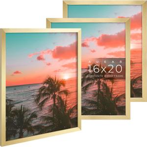 AUEAR, 16x20 Picture Frames Set of 3, with Mat for 11x14 or 16x20 without Mat, Engineered Wood Photo Frames with Plexiglass, Wall Mounting (Gold)