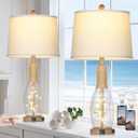 28" Coastal Table Lamps for Bedroom Set of 2, Farmhouse Glass Lamps with 3-Way Dimmable Touch Control Fairy Lights & Type-C Charging for Living Room Nightstand, Beach Nautical Bedside Lamp Rustic Wood