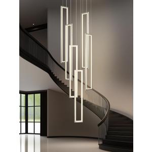 Flashing God Modern Chandelier,6 Ring Led Foyer Chandeliers,Larger High Ceiling Chandelier for Living Room,Rectangle Chandeliers for Entryway Staircase LED Dimming 2700k-6000k (Silver)
