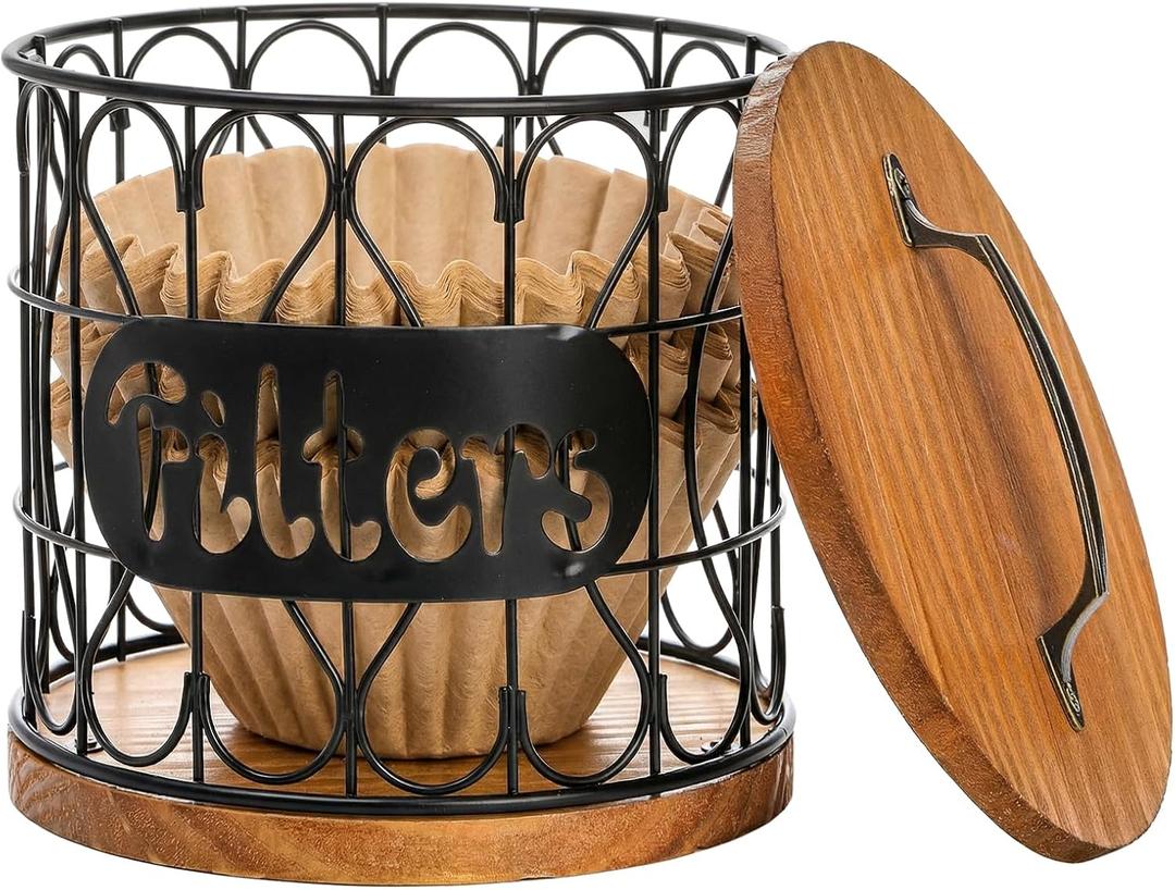 Frcctre Coffee Filter Holder with Wood Lid, Large Capacity Coffee Filter Storage Container Metal Wire K Cup Pod Organizer Basket, Coffee Bar Accessories Decor