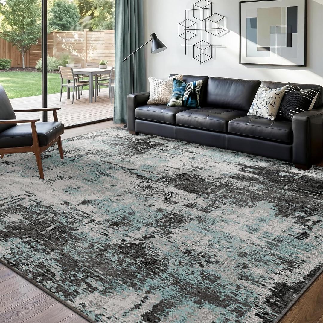 RELEANY Washable Area Rugs 8'x10' Non-Slip Modern Abstract Soft for Living Room Entryway Bedroom Nursery, Print Pattern, Blue Black Teal