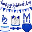 Spakon 6 Month Happy Birthday Banner Set 1/2 Happy Birthday Decorations Glitter 1/2 Half Year Cake Topper Triangle Flag Celebrations Crown Hat Bow Tie(Blue)
