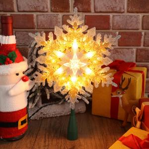 Brizled Christmas Tree Topper, 9.25 Snowflake Christmas Tree Top with 20-ct Lights, 120V Plugin Silver & Gold Glitters Plated Snow Flake Xmas Tree Star Topper for Christmas Tree Home Holiday Decor