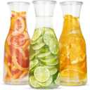Glass Carafe Pitchers, by Kook, Large Carafe - set of 3, Beverage Dispensers, Clear Jugs For Mimosas, Water, Wine, Milk and Juice, with Plastic Lids, 50 oz Dishwasher Safe