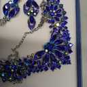 Women Jewelry Set Rhinestone Crystal Statement Necklace Bride Rib Choker Necklace Floral Beaded Collar Neklcace Cluster Dangle Earrings Set for Wedding Party (Royal Blue)