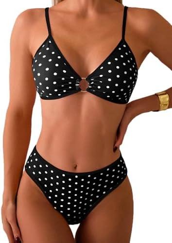 Tainehs Women's Two Piece Bikini Sets O Ring Front Top Ditsy Floral Triangle Swimsuits Cheeky Bathing Suit, M