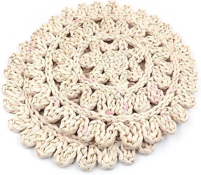 Alnicov 2 PCS15 Inch Table Heat Insulated Pad,Flower Shape Rattan Tablemat,Natural Corn Husk Woven Placemat Handmade for Kitchen Dining Table Heat Insulated Pad