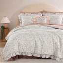 King Comforter Set - 7 Pieces Ruffle Pink Ditzy Bedding Sets, Shabby Chic Farmhouse Bed in a Bag King with Floral Comforter, Sheets, Pillowcases & Shams