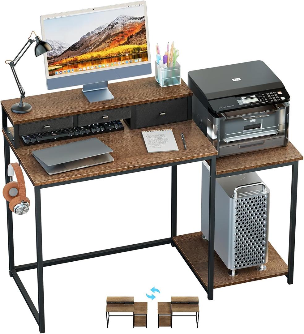 SINPAID 47 inch Computer Desk with Printer Shelf, Gaming Desk with Monitor Stand and Drawers, Reversible Home Office Desk with Storage Shelves and 2 Hooks, Home Workstation for Study Writing, Walnut, 47x19 IN