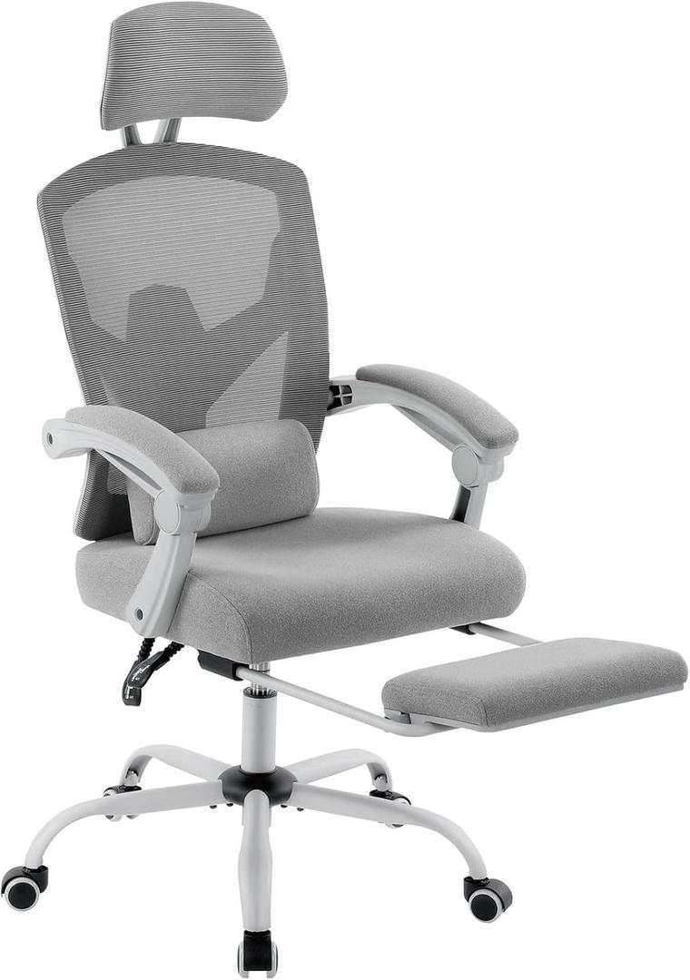 MCQ Office Computer Desk Chair, Gaming Chairs for Adults, High-Back Mesh Rolling Swivel Reclining Chairs with Wheels, Comfortable Lumbar Support, Comfy Arms for Home, Office, Gaming, Student, Grey