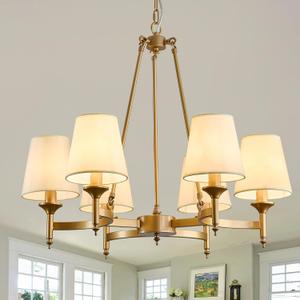 Gold Wagon Wheel Chandelier with White Linen Shade 6-Light Industrial Ceiling Light Fixture 26.8inch Large Farmhouse Hanging Pendant Light for Dining Living Room Kitchen Bedroom Entryway Foyer