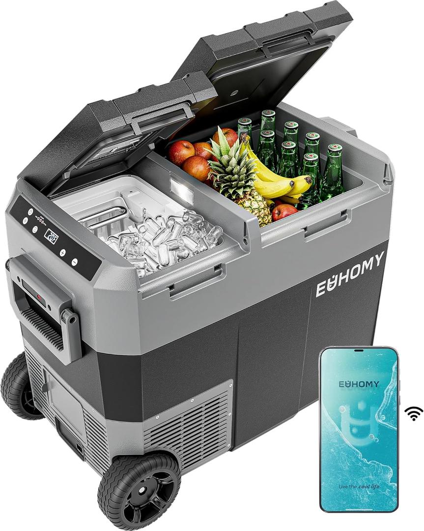 EUHOMY 12 Volt Refrigerator with Ice Maker, 48QT(45L) Electric Cooler Usable Battery Dual Zone, Car Refrigerator APP Control, 12V Fridge 12/24V DC 100-240V AC for Camping, Travel, Outdoor, Home