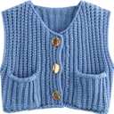 Chevara Womens Chunky Cropped Sweater Vest Cute Sleeveless Crewneck Button Down Crop Knit Cardigan with Pocket (Large, Blue)