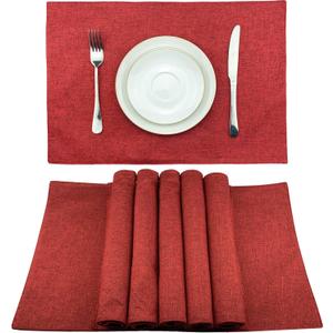 Weabetfu Cloth Placemats Set of 6 Heat Resistant Dining Table Placemmats Cotton Linen Machine Washable Kitchen Table Mats Wrinkle Free Thick Fabric Place Mat,Easy to Clean,13"x19",Burgundy