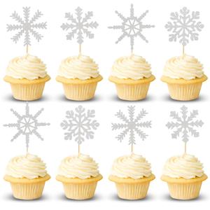 Arthsdite 24pcs Snowflake Cupcake Toppers Winter Theme Snowflake Cupcake Picks Baby Shower Kids Birthday Christmas Party Cake Decorations Supplies - Silver Glitter (Ad-21-401-fp3)