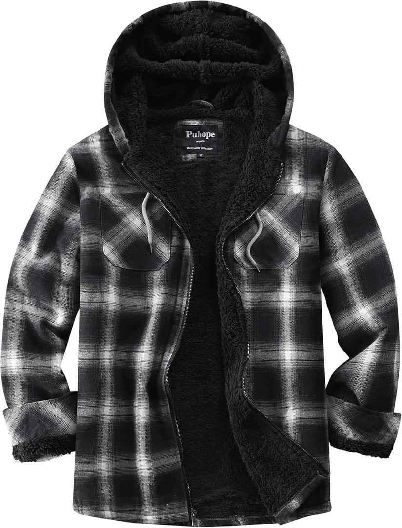 Womens Fleece Lined Jacket Fleece Zip Up Jacket Flannel Plaid shirt jacket Full Zip Hoodies for Women (X-Small, Black)