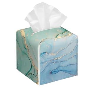Luxury Marble Tissue Box Holder, Cube Tissue Box Cover Holder, Leather Facial Paper Organizer Dispenser Home for Bedroom Night Stands, Kitchen, Office and Car, 5.2"×5.2"×5.2"