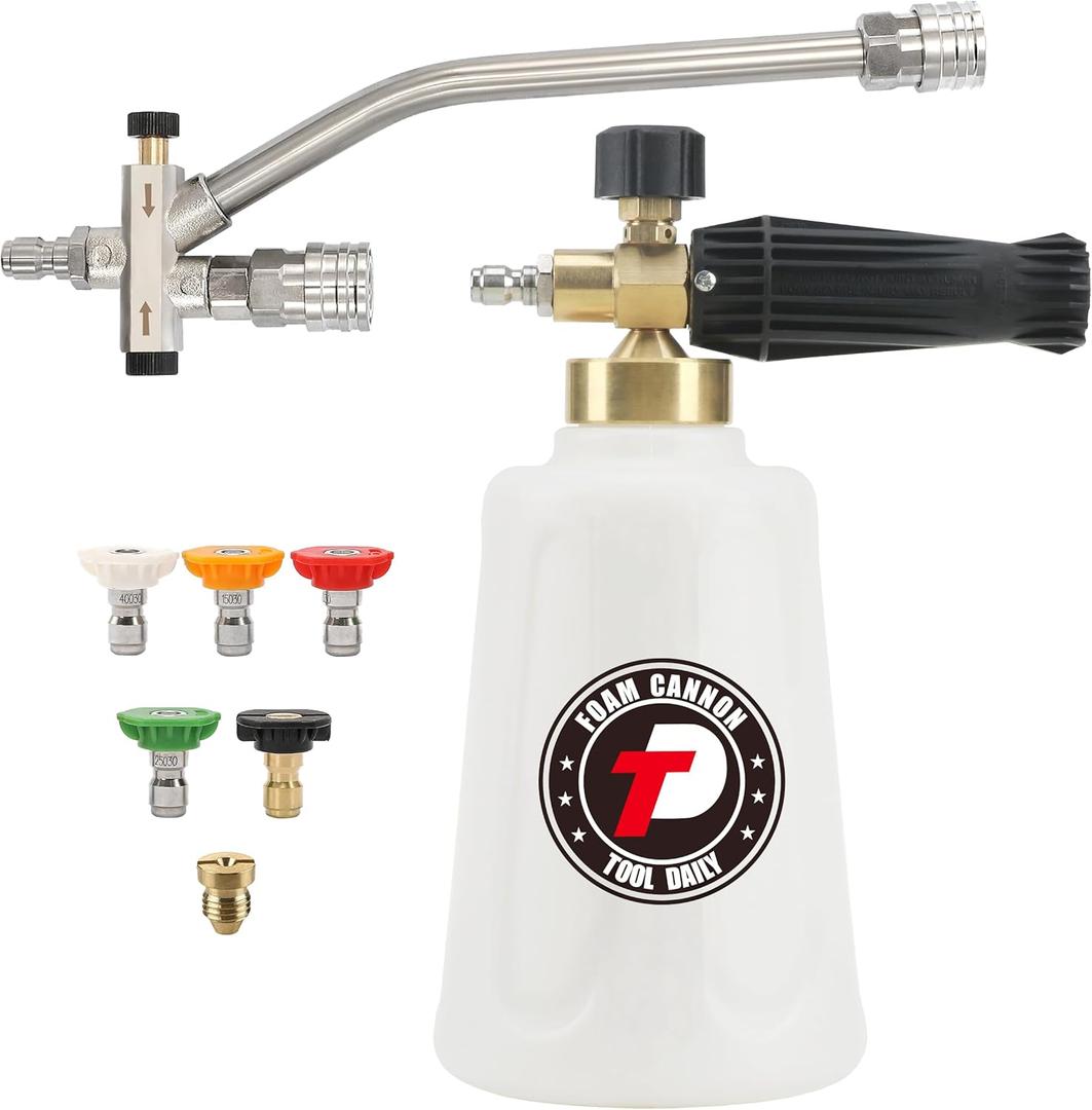 Tool Daily Foam Cannon for Pressure Washer with Double Tip Attachment, Dual Lance Wide Mouth Soap Cannon, 5 Power Washer Sprayer Nozzles, 1/4" Quick Connect, 3600 PSI