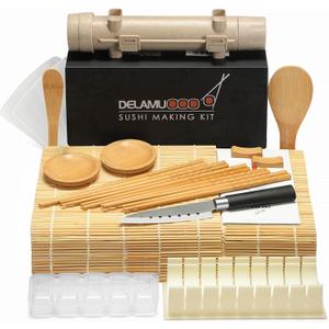Delamu Sushi Making Kit, 20 in 1 Bazooka Roller Kit with Chefs Knife, Bamboo Mats, Rice Mold, Temaki Sushi Mats, Rice Paddle, Spreader, Chopsticks, Sauce Dishes, Guide Book
