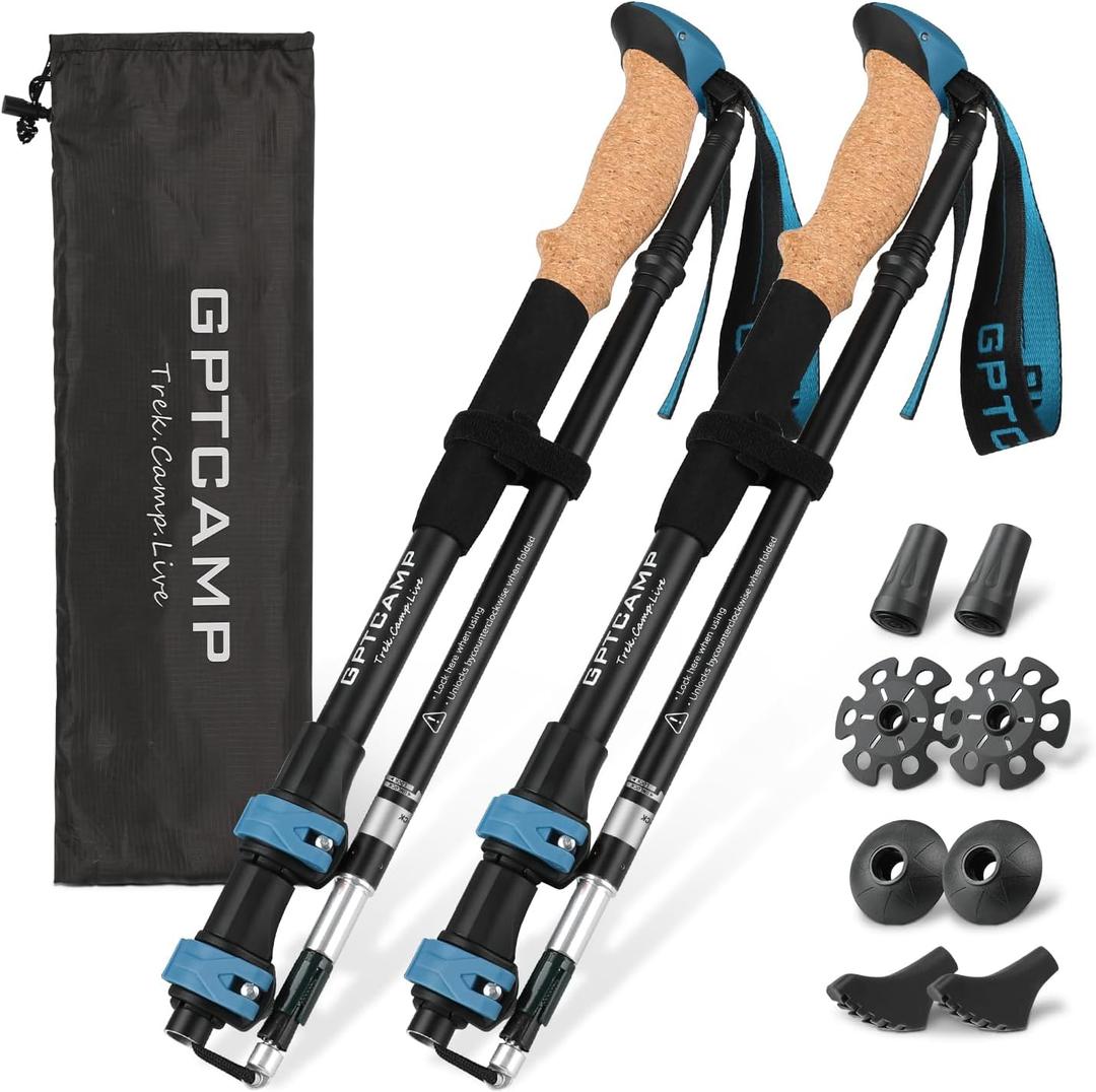 GPTCAMP Walking Sticks, Trekking Poles Collapsible Hiking Poles, Lightweight Folding Travel Walking Pole for Men Women, 2pc Adjustable Hiking Stick with EVA Foam Grips for Backpacking, Blue