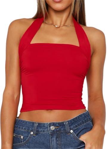 ForeFair Women Halter Neck Backless Crop Top Sexy Y2K Sleeveless Tank Top Open Back Slim Fit Tops L