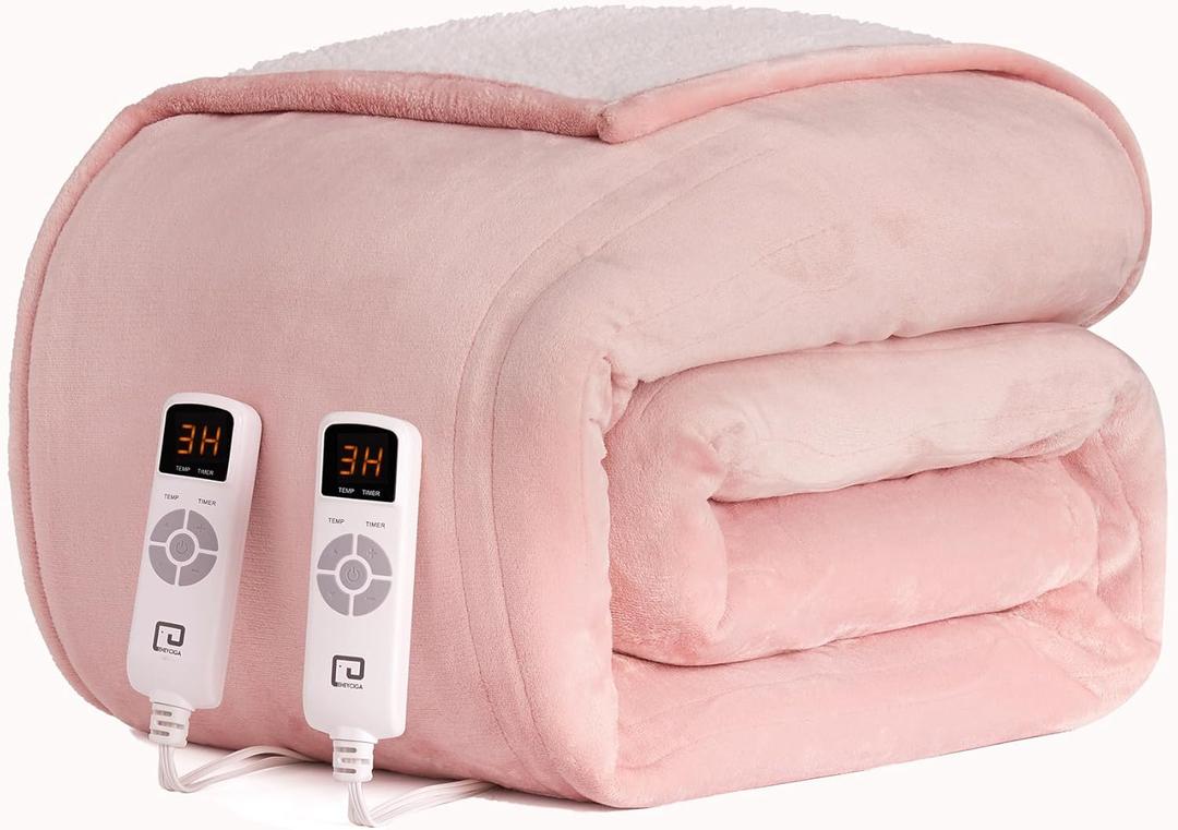 EHEYCIGA Heated Blanket Electric Blanket King Size - Heating Blanket with 5 Heating Levels & 10 Hours Auto Off, Soft Cozy Sherpa Washable Dual Control Blanket with Fast Heating, 90 x 100 Inches, Pink
