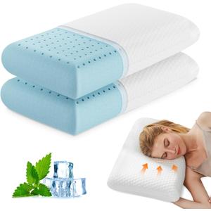 DUMOS Memory Foam Pillows for Sleeping 2 Pack, Bed Pillows for Adults with Washable Cover and Breathable Mesh, Gel Cooling Pillow for Back and Side Sleeper Support, White