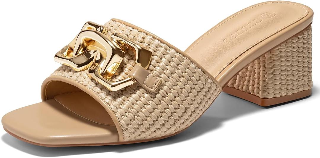 Coutgo Womens Raffia Slide Sandals Chunky Block Heeled Square Open Toe Metal Chain Slip on Mules Dressy Shoes, size 8 (Beige)