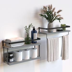 RICHER HOUSE 2+1 Tier Wall Mounted Floating Shelves Set of 2, Rustic Wood Wall Shelf with Metal Frame, Extra Storage Rack for Bathroom, Kitchen, Bedroom with Tissue Rack & Towel Bar - White Gold