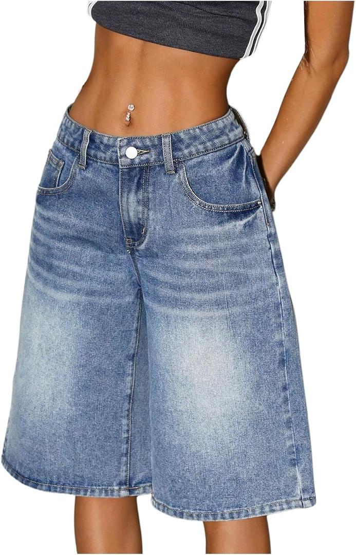WDIRARA Women's Low Rise Baggy Denim Shorts Wide Leg Bermuda Jean Shorts (26)