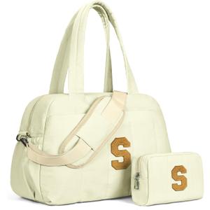 Birthday Presents for Women-Duffle Bag for Travel, Travel BagsBridal Shower Gifts-Initial Overnight Bag with Wet PocketLightweight Weekender Bags Personalized Gym Tote with Makeup Pouch (Beige)