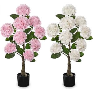 3FT Pink and White Hydrangea Artificial Flowers Tree Large Real Touch Faux Silk Hydrangea Plants Potted Fake Flower in Black Pot for Home Indoor Outdoor Front Porch Garden Entrance Living Room Decor, 2 Pack