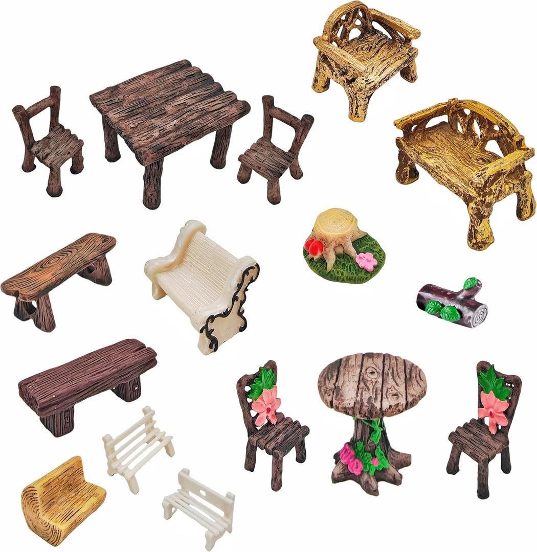 Miniature Garden Furniture Set - 14-Piece Resin Miniature Table and Chairs Set for Outdoor Decor, Adult DIY Craft Gift & Micro Landscape Decor Accessories (Village)
