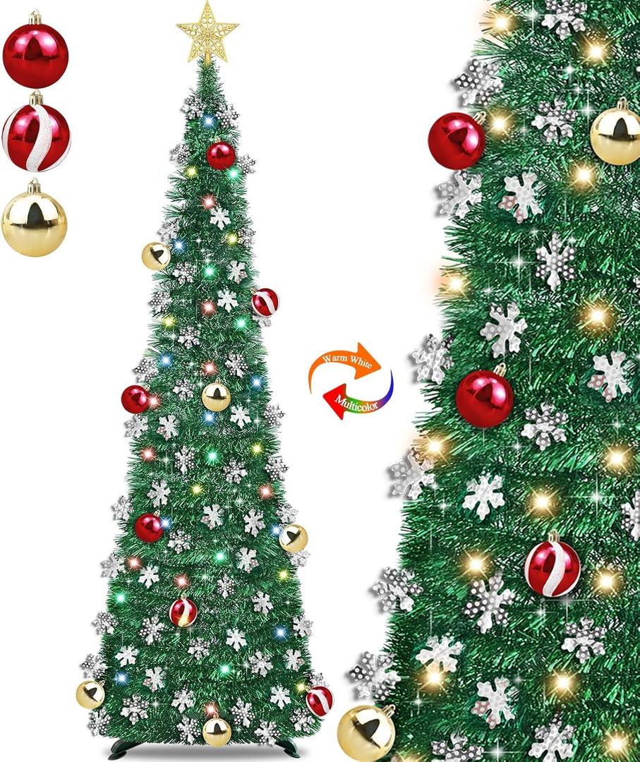 5 Ft Pop Up Christmas Tree with Lights Collapsible Skinny Tinsel Pencil Tree Snowflake Balls Star 50 Warm White & Multicolor Light 8 Mode Timer Battery Operated Home Holiday Party Decor Easy Assembly