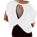 Kumufenc Women Short Sleeve Workout Shirts Open Back Tops Casual Yoga Y2k Athletic Gym Slouchy Crop Running Tees (White, L)