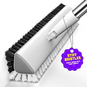 Grout Brush with Long Heavy Duty Handle, 180 Swivel Floor Scrub Brush, V-Shaped Grout Line Scrubber with Stiff Bristles, Cleaning Brush for Deep Cleaning Tile Grout, Shower, Kitchen, and Concrete
