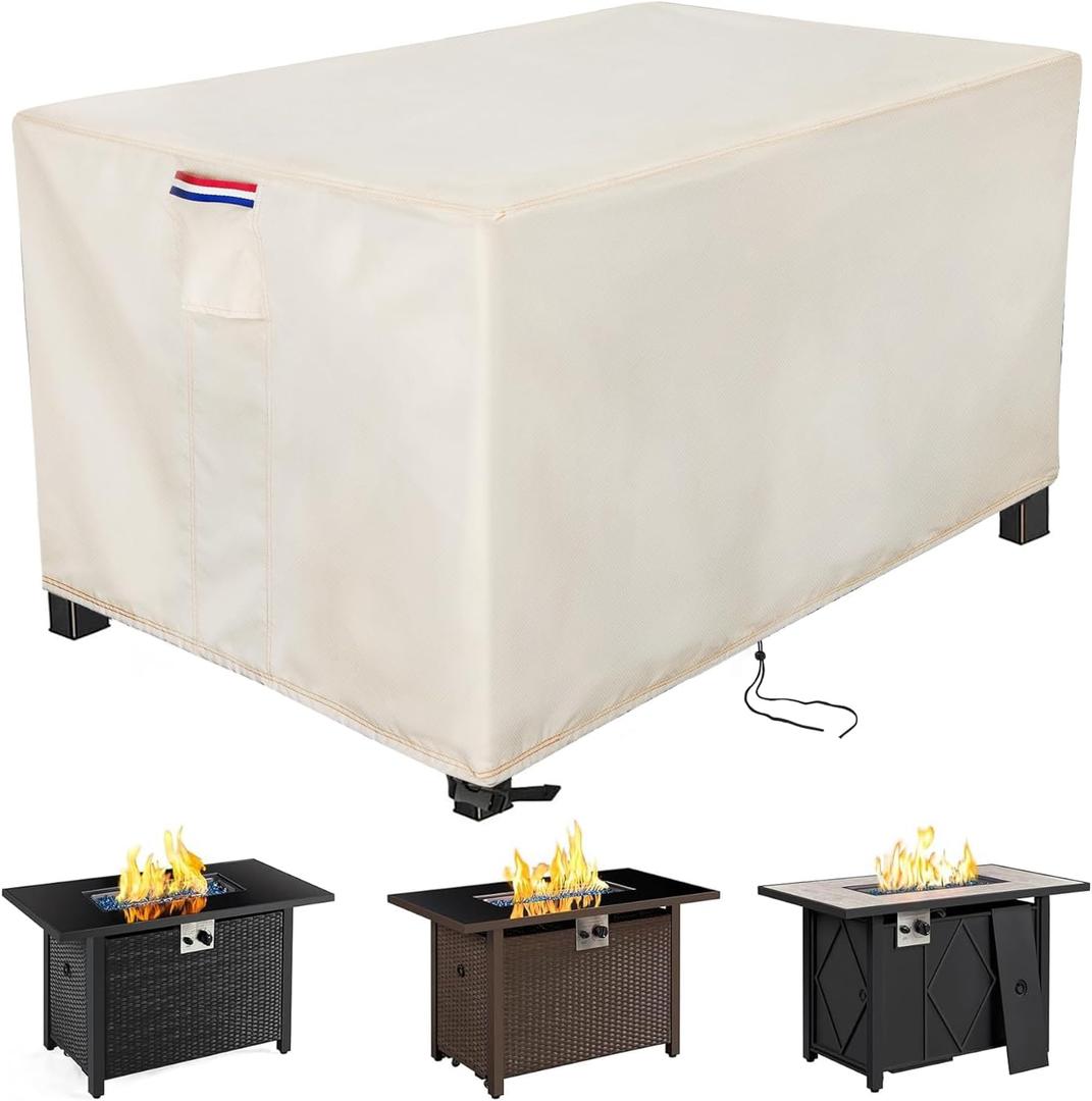 Fire Pit Cover Rectangular 65 Inch - Waterproof Outdoor Fire Table Cover Rectangle Heavy Duty, 600D Patio Propane Gas Firepit Cover Rectangular Tear Weather Resistant - 65 x 40 x 27 Inch Beige